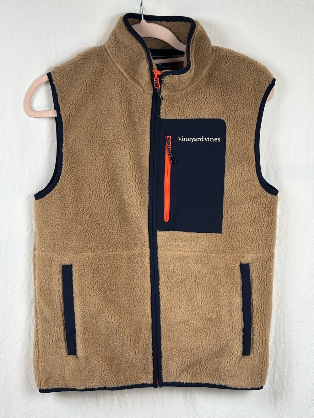 Vineyard Vines kids boys XS Tan Sherpa Vest with Navy Trim and Orange Accent